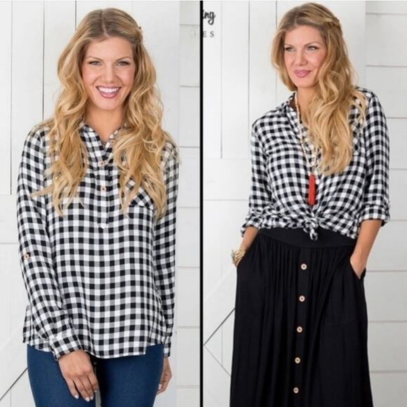 Matilda Jane Joanna Gaines Black White Gingham Check Fall Button Top Medium - Picture 1 of 11